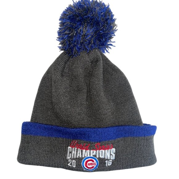 Chicago Cubs 2016 World Series Champions Knit Beanie Hat With Pom Gray Blue - Picture 1 of 4